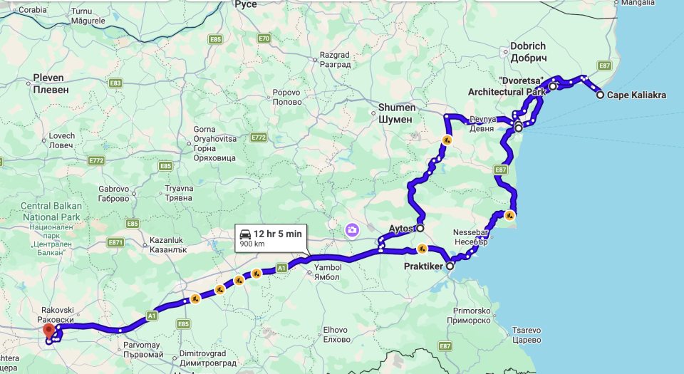 Map of the trip from Rakovski along the A1 to Aytos, Praktiker, Nessebar, Devnya, Dvoretsa and Cape Kaliakra. About 900 km and 12 hours on the map.